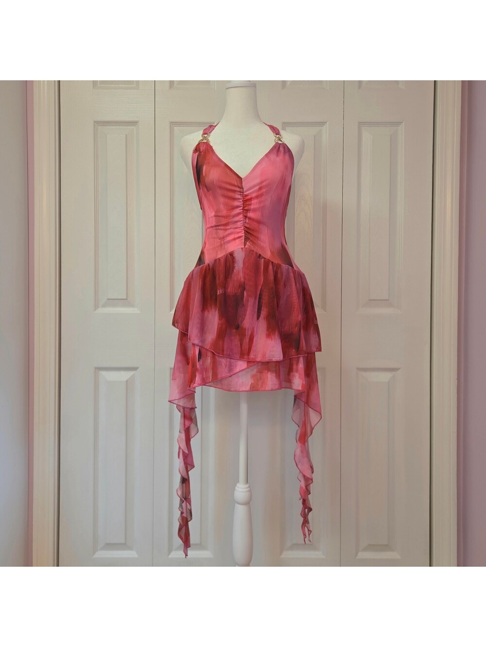 Red and Pink Abstract Print Halter Ruffle Mini Dress Sz XS Y2K Grunge Boho Beach